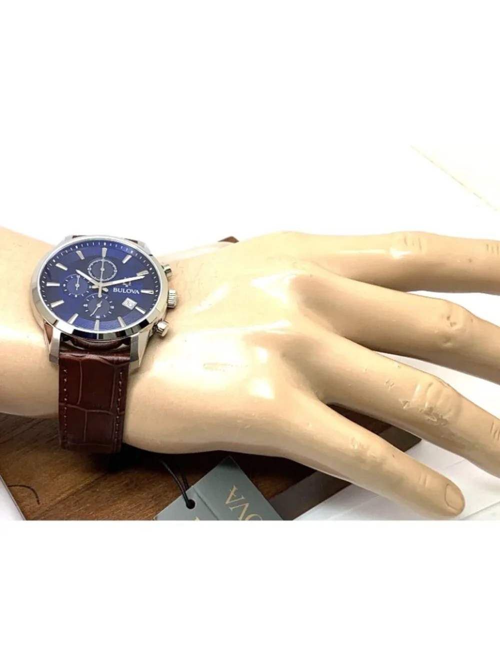 Bulova Men's Watch 96B402 Chronograph Quartz Blue Dial Brown Leather Strap 41mm